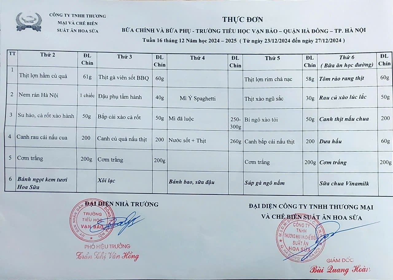 Thực đơn Tuần 16 thực hiện từ ngày 23/12/2024 đến 27/12/2024